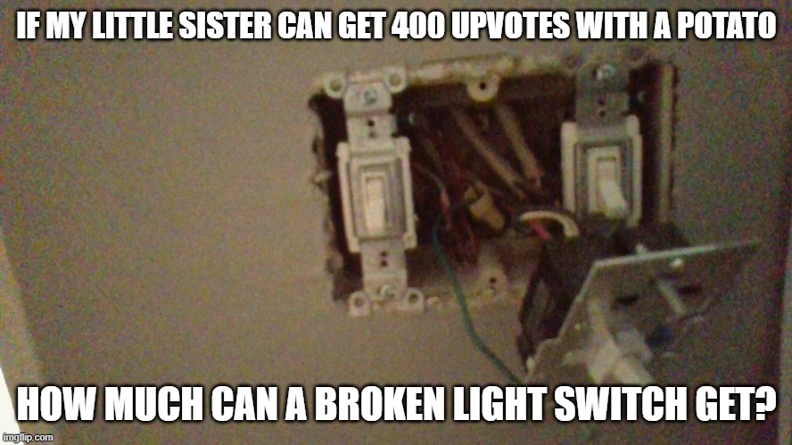 This is not upvote begging. (she got accused of upvote begging too) | IF MY LITTLE SISTER CAN GET 400 UPVOTES WITH A POTATO; HOW MUCH CAN A BROKEN LIGHT SWITCH GET? | image tagged in upvotes,funny,fun,funny memes | made w/ Imgflip meme maker