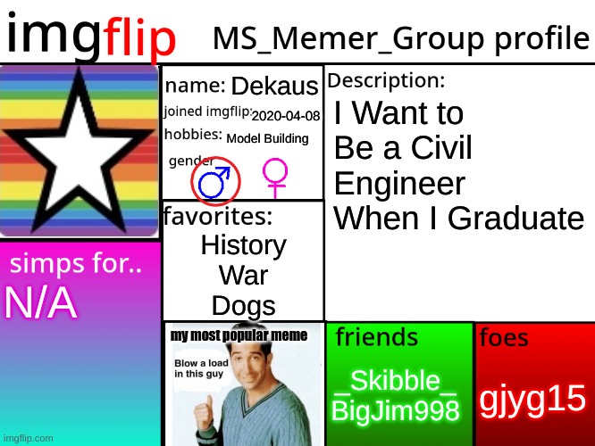 Dekaus' Identification | Dekaus; I Want to Be a Civil Engineer When I Graduate; 2020-04-08; Model Building; History
War
Dogs; N/A; my most popular meme; gjyg15; _Skibble_
BigJim998 | image tagged in msmg profile | made w/ Imgflip meme maker