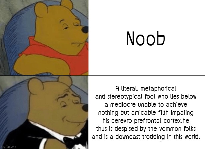 Elegant swearing | Noob; A literal, metaphorical and stereotypical fool who lies below a mediocre unable to achieve nothing but amicable filth impaling his cerevro prefrontal cortex.he thus is despised by the vommon folks and is a downcast trodding in this world. | image tagged in memes,tuxedo winnie the pooh | made w/ Imgflip meme maker