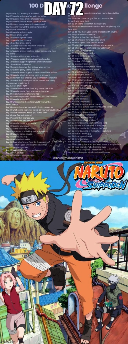 Day 72: Naruto (as a whole) | DAY 72 | image tagged in 100 day anime challenge | made w/ Imgflip meme maker