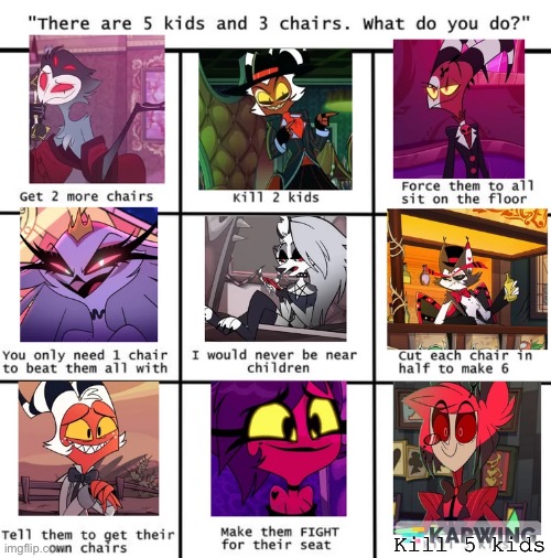 I would agree with blitz ngl | Kill 5 kids | image tagged in helluva boss,alastor hazbin hotel,chairs,kids | made w/ Imgflip meme maker