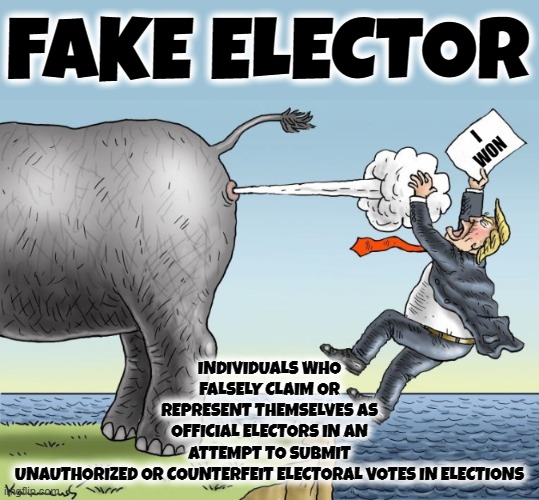 FAKE ELECTOR | FAKE ELECTOR; INDIVIDUALS WHO FALSELY CLAIM OR REPRESENT THEMSELVES AS OFFICIAL ELECTORS IN AN ATTEMPT TO SUBMIT UNAUTHORIZED OR COUNTERFEIT ELECTORAL VOTES IN ELECTIONS | image tagged in fake elector,counterfeit,cheat,deceiver,trickster,fraud | made w/ Imgflip meme maker