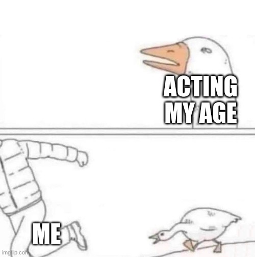 Well... | ACTING MY AGE; ME | image tagged in goose chase | made w/ Imgflip meme maker