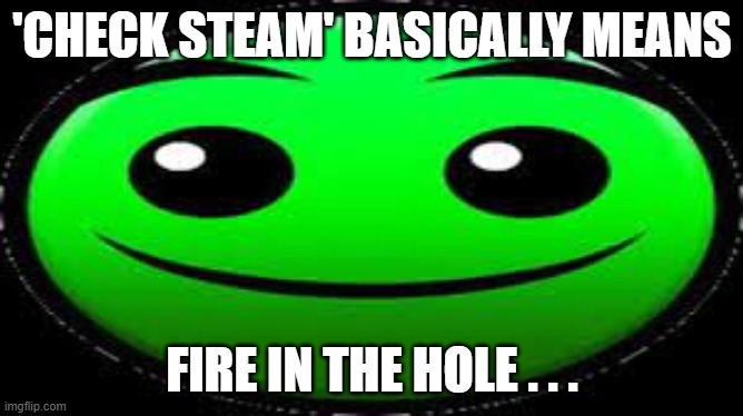 Fire in the hole! | 'CHECK STEAM' BASICALLY MEANS; FIRE IN THE HOLE . . . | image tagged in fire in the hole | made w/ Imgflip meme maker