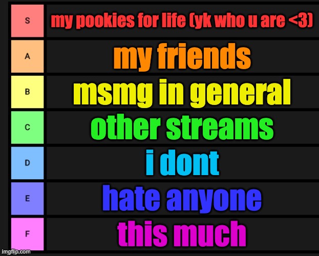 tier list | my pookies for life (yk who u are <3); my friends; msmg in general; other streams; i dont; hate anyone; this much | image tagged in tier list | made w/ Imgflip meme maker