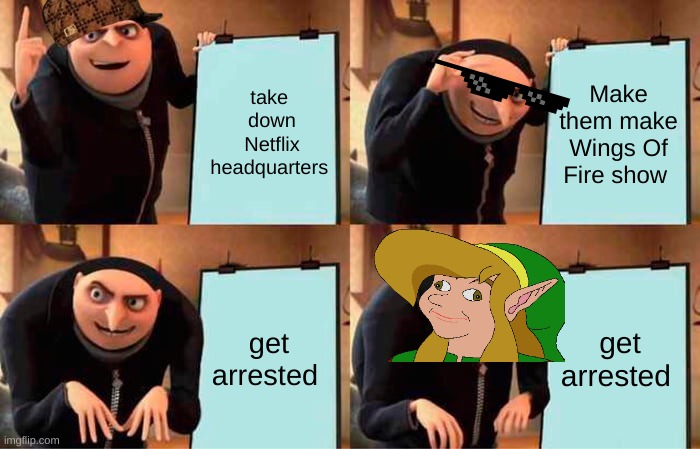 Gru's Plan | take  down Netflix headquarters; Make them make Wings Of Fire show; get arrested; get arrested | image tagged in memes,gru's plan | made w/ Imgflip meme maker