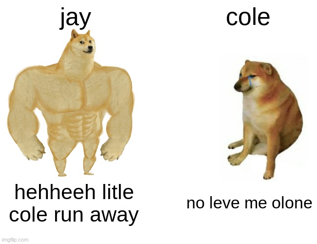 Buff Doge vs. Cheems | jay; cole; hehheeh litle cole run away; no leve me olone | image tagged in memes,buff doge vs cheems | made w/ Imgflip meme maker