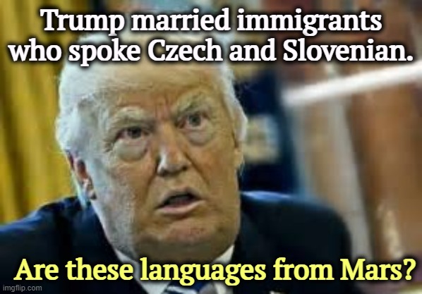 For a man who hates immigrants, he sure married a lot of them. | Trump married immigrants who spoke Czech and Slovenian. Are these languages from Mars? | image tagged in trump dilated loser,trump,marriage,immigrants,foreign,languages | made w/ Imgflip meme maker