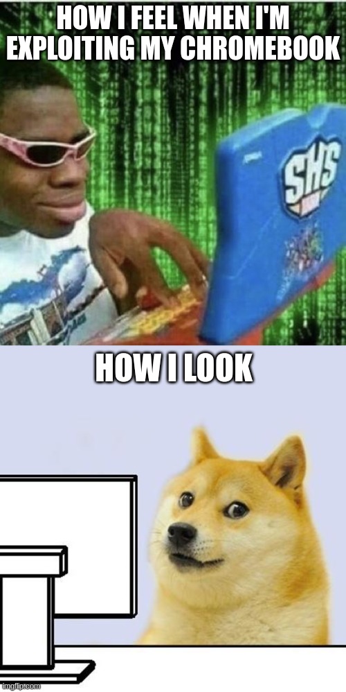 I'm in high school but whatever | HOW I FEEL WHEN I'M EXPLOITING MY CHROMEBOOK; HOW I LOOK | image tagged in ryan beckford,hacker doge | made w/ Imgflip meme maker