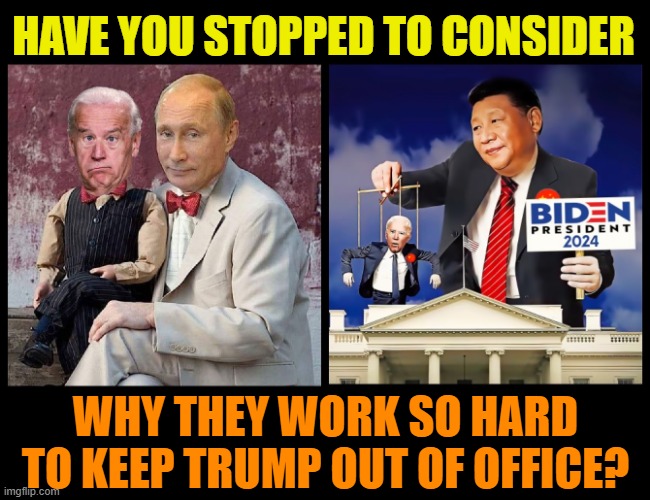 HAVE YOU STOPPED TO CONSIDER; WHY THEY WORK SO HARD TO KEEP TRUMP OUT OF OFFICE? | image tagged in biden,trump,putin,xi jinping,election fraud,politics | made w/ Imgflip meme maker
