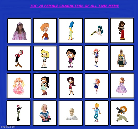 Brandon's Top 20 Female Characters | image tagged in the simpsons,the loud house,deviantart,kim possible,dexters lab,popeye | made w/ Imgflip meme maker