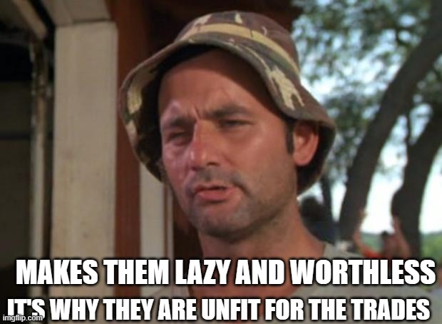 So I Got That Goin For Me Which Is Nice Meme | IT'S WHY THEY ARE UNFIT FOR THE TRADES MAKES THEM LAZY AND WORTHLESS | image tagged in memes,so i got that goin for me which is nice | made w/ Imgflip meme maker