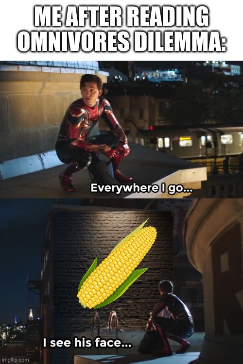 Corn is everywhere… | ME AFTER READING OMNIVORES DILEMMA: | image tagged in everywhere i go i see his face,corn | made w/ Imgflip meme maker