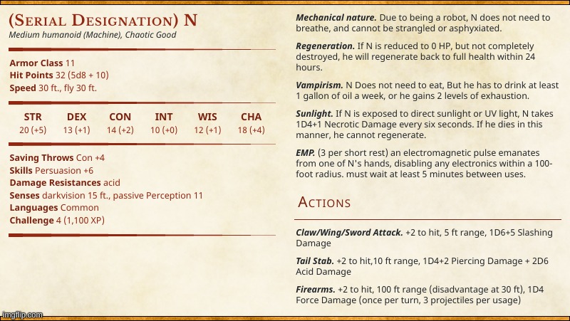 Tried to make an N stat block for D&D, might make more if this one does well | image tagged in murder drones,dnd,n | made w/ Imgflip meme maker