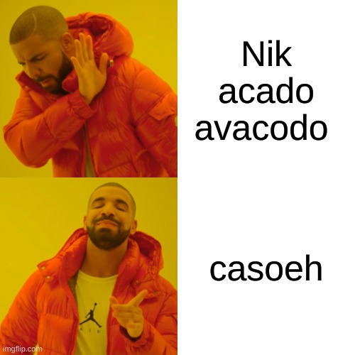 Drake Hotline Bling Meme | Nik acado avacodo; casoeh | image tagged in memes,drake hotline bling | made w/ Imgflip meme maker