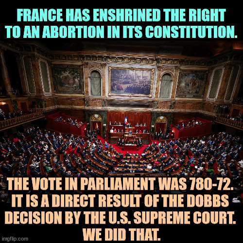 If we hadn't repealed Roe v Wade, France wouldn't have done this. | FRANCE HAS ENSHRINED THE RIGHT TO AN ABORTION IN ITS CONSTITUTION. THE VOTE IN PARLIAMENT WAS 780-72. 
IT IS A DIRECT RESULT OF THE DOBBS 
DECISION BY THE U.S. SUPREME COURT. 
WE DID THAT. | image tagged in france,abortion,rights,constitution,american,supreme court | made w/ Imgflip meme maker