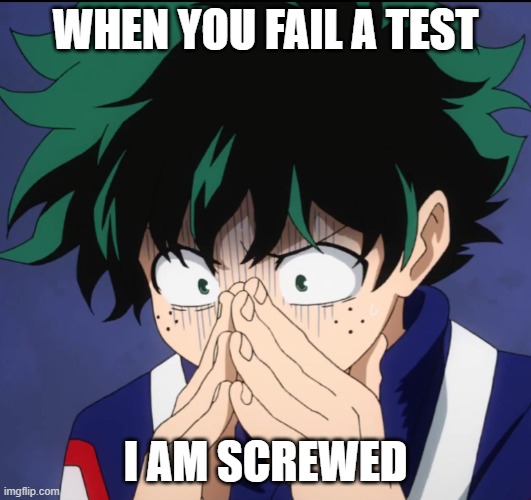 Anime | WHEN YOU FAIL A TEST; I AM SCREWED | image tagged in suffering deku | made w/ Imgflip meme maker