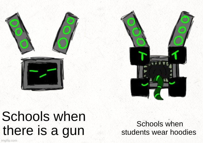 Also rp with a random oc of mine | Schools when there is a gun; Schools when students wear hoodies | image tagged in data's mouth | made w/ Imgflip meme maker