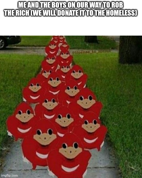 Ugandan knuckles army | ME AND THE BOYS ON OUR WAY TO ROB THE RICH (WE WILL DONATE IT TO THE HOMELESS) | image tagged in ugandan knuckles army | made w/ Imgflip meme maker