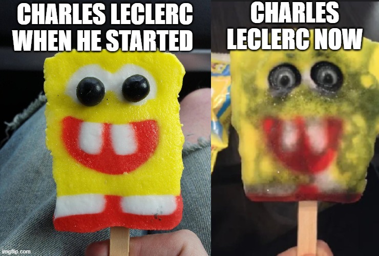 Charles Leclerc Lost all hope | CHARLES LECLERC NOW; CHARLES LECLERC WHEN HE STARTED | image tagged in memes,spongebob,popsicle,f1 | made w/ Imgflip meme maker