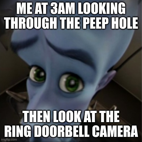 Megamind peeking | ME AT 3AM LOOKING THROUGH THE PEEP HOLE; THEN LOOK AT THE RING DOORBELL CAMERA | image tagged in megamind peeking | made w/ Imgflip meme maker