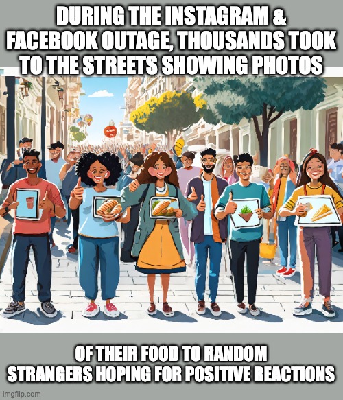Facebook outage | DURING THE INSTAGRAM & FACEBOOK OUTAGE, THOUSANDS TOOK TO THE STREETS SHOWING PHOTOS; OF THEIR FOOD TO RANDOM STRANGERS HOPING FOR POSITIVE REACTIONS | image tagged in funny memes,funny,humor,memes | made w/ Imgflip meme maker
