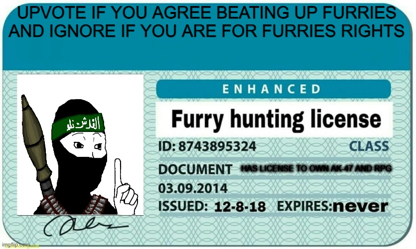 furry hunting license | UPVOTE IF YOU AGREE BEATING UP FURRIES AND IGNORE IF YOU ARE FOR FURRIES RIGHTS; HAS LICENSE TO OWN AK-47 AND RPG | image tagged in furry hunting license | made w/ Imgflip meme maker