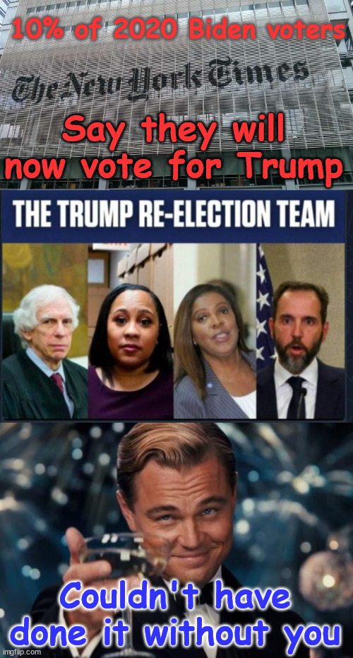 Keep up the good work team... | 10% of 2020 Biden voters; Say they will now vote for Trump; Couldn't have done it without you | image tagged in ny times,memes,leonardo dicaprio cheers,america knows what you are doing | made w/ Imgflip meme maker