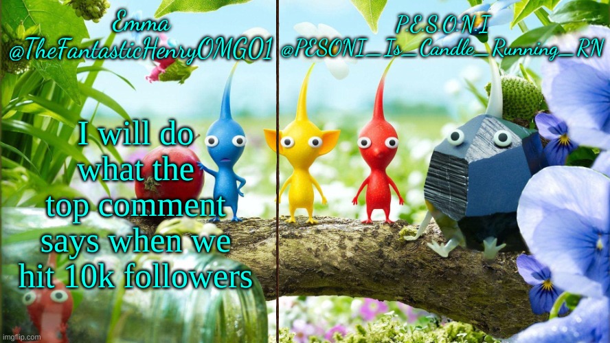 no deleting | I will do what the top comment says when we hit 10k followers | image tagged in emma and pesoni dual announcement temp | made w/ Imgflip meme maker