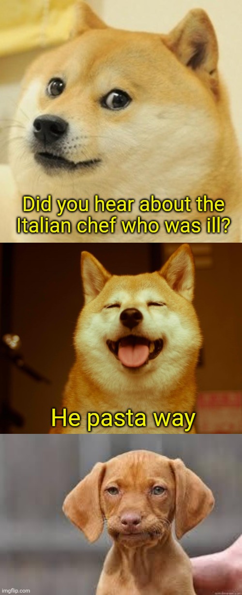 Did you hear about the Italian chef who was ill? He pasta way | image tagged in memes,doge,happy doge,disappointed dog | made w/ Imgflip meme maker