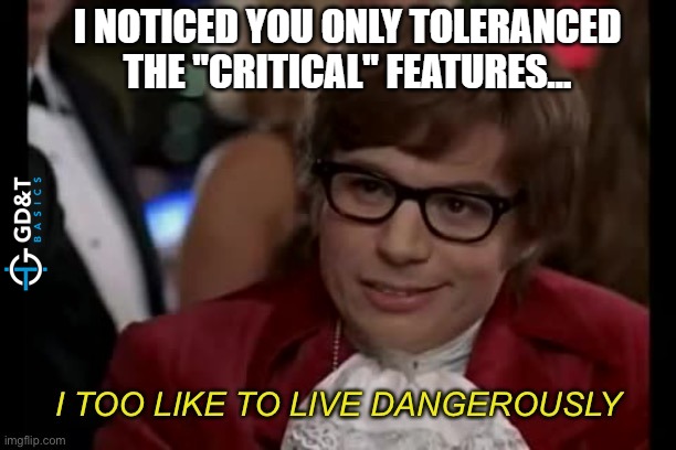 Danger is my Middle Name | I NOTICED YOU ONLY TOLERANCED THE "CRITICAL" FEATURES... | image tagged in i too like to live dangerously remastered,meme,engineering,engineer,manufacturing | made w/ Imgflip meme maker