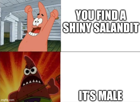 Patrick Star happy and angry | YOU FIND A SHINY SALANDIT; IT’S MALE | image tagged in patrick star happy and angry | made w/ Imgflip meme maker