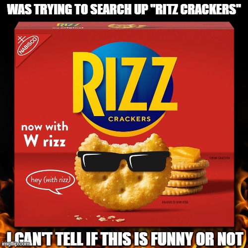Task failed succesfully? | WAS TRYING TO SEARCH UP "RITZ CRACKERS"; I CAN'T TELL IF THIS IS FUNNY OR NOT | image tagged in rizz,fun,dank memes,cringe,gen alpha,typo | made w/ Imgflip meme maker