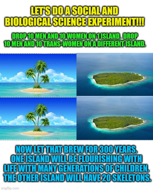 Beginners guide to biology | LET'S DO A SOCIAL AND BIOLOGICAL SCIENCE EXPERIMENT!!! DROP 10 MEN AND 10 WOMEN ON 1 ISLAND.  DROP 10 MEN AND 10 TRANS-WOMEN ON A DIFFERENT ISLAND. NOW LET THAT BREW FOR 300 YEARS. ONE ISLAND WILL BE FLOURISHING WITH LIFE WITH MANY GENERATIONS OF CHILDREN.  THE OTHER ISLAND WILL HAVE 20 SKELETONS. | image tagged in four horsemen,biology,100,howtobasic | made w/ Imgflip meme maker