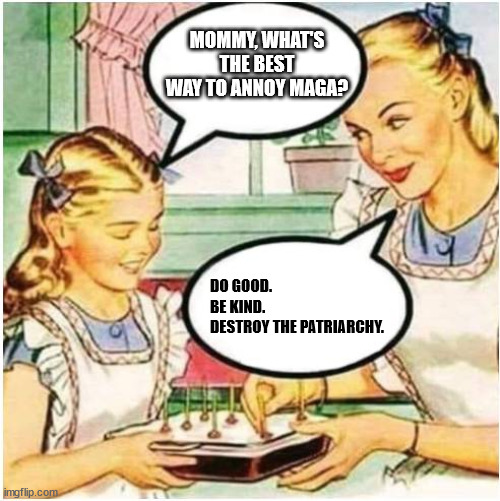 A simple 3 step process | MOMMY, WHAT'S THE BEST WAY TO ANNOY MAGA? DO GOOD. 
BE KIND.
DESTROY THE PATRIARCHY. | image tagged in mommy what is blank | made w/ Imgflip meme maker