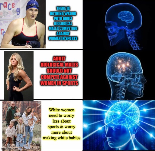 The actual based position | THERE IS NOTHING WRONG WITH ADULT BIOLOGICAL MALES COMPETING AGAINST WOMEN IN SPORTS; ADULT BIOLOGICAL MALES SHOULD NOT COMPETE AGAINST WOMEN IN SPORTS; White women need to worry less about sports & worry more about making white babies | image tagged in memes,expanding brain,transgender,sports,white woman,babies | made w/ Imgflip meme maker