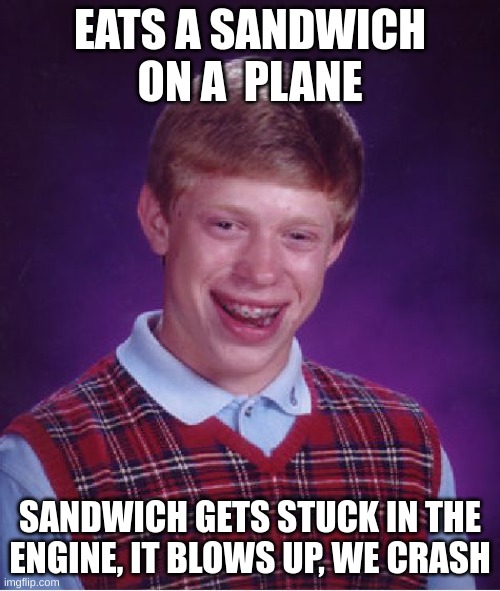 Bad Luck Brian | EATS A SANDWICH ON A  PLANE; SANDWICH GETS STUCK IN THE ENGINE, IT BLOWS UP, WE CRASH | image tagged in memes,bad luck brian | made w/ Imgflip meme maker