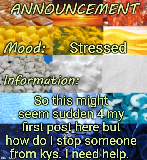 MEH AROACE TEMP REAL ;v; | Stressed; So this might seem sudden 4 my first post here but how do I stop someone from kys. I need help. | image tagged in meh aroace temp real v | made w/ Imgflip meme maker