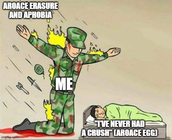I will protec the smol at all costs | AROACE ERASURE AND APHOBIA; ME; "I'VE NEVER HAD A CRUSH" (AROACE EGG) | image tagged in soldier protecting sleeping child | made w/ Imgflip meme maker