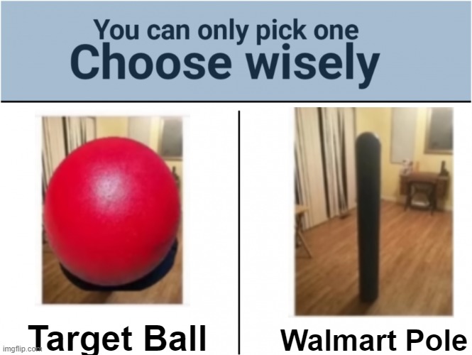 you can pick only one choose wisely | Target Ball; Walmart Pole | image tagged in you can pick only one choose wisely | made w/ Imgflip meme maker