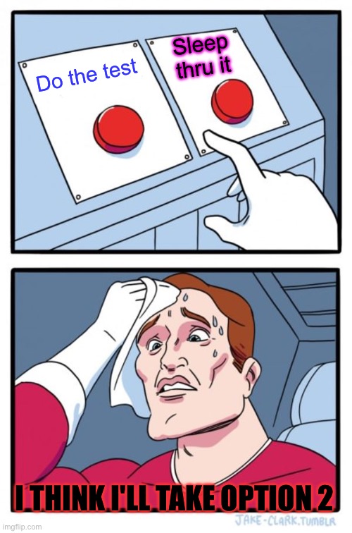 Two Buttons Meme | Sleep thru it; Do the test; I THINK I'LL TAKE OPTION 2 | image tagged in memes,two buttons | made w/ Imgflip meme maker