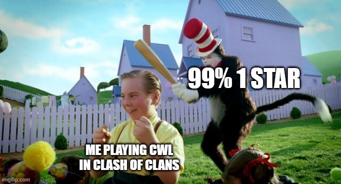 Cat & The Hat | 99% 1 STAR; ME PLAYING CWL IN CLASH OF CLANS | image tagged in cat the hat | made w/ Imgflip meme maker