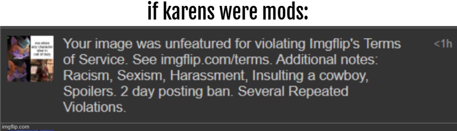 what if karens were mods on imgflip?(this post was a joke moderation I did to myself) | if karens were mods: | image tagged in oh no,funny,memes,karen,karens,what if | made w/ Imgflip meme maker