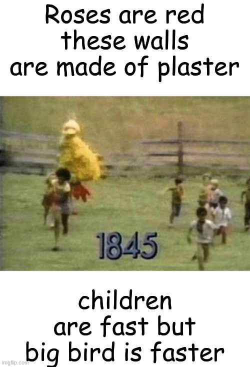 i like da chiken | Roses are red
these walls are made of plaster; children are fast but big bird is faster | image tagged in run,runn,runnn,runnnn | made w/ Imgflip meme maker