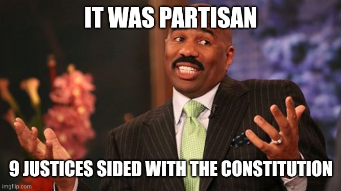 Steve Harvey Meme | IT WAS PARTISAN 9 JUSTICES SIDED WITH THE CONSTITUTION | image tagged in memes,steve harvey | made w/ Imgflip meme maker
