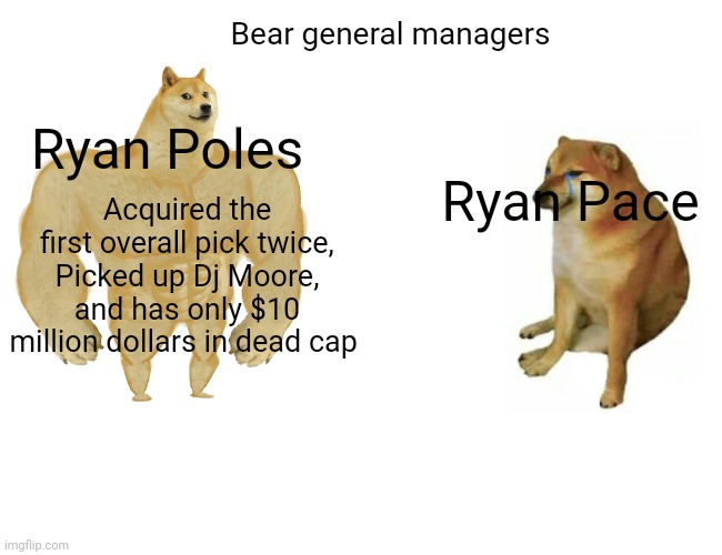 Buff Doge vs. Cheems | Bear general managers; Ryan Poles; Acquired the first overall pick twice, Picked up Dj Moore, and has only $10 million dollars in dead cap; Ryan Pace | image tagged in memes,buff doge vs cheems | made w/ Imgflip meme maker