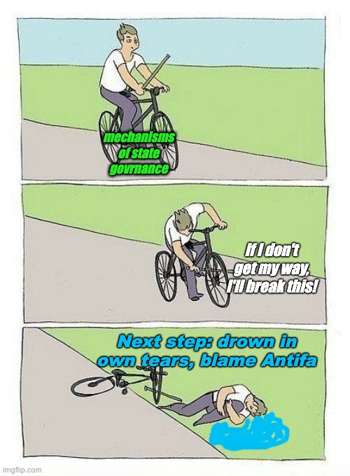 Bycicle | mechanisms
of state
govrnance If I don't get my way, I'll break this! Next step: drown in own tears, blame Antifa | image tagged in bycicle | made w/ Imgflip meme maker