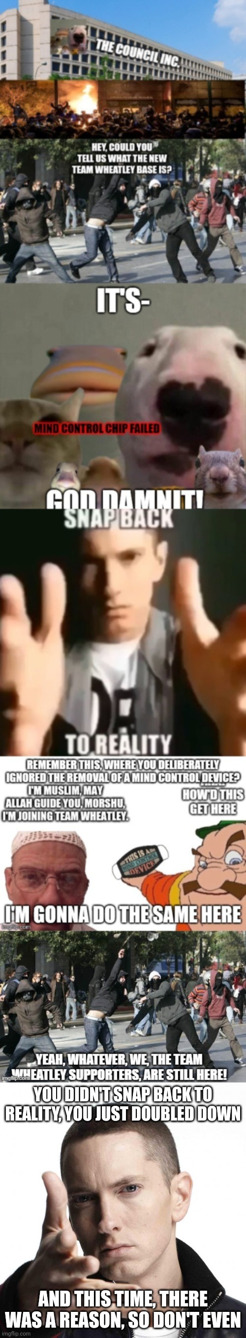 YOU DIDN'T SNAP BACK TO REALITY, YOU JUST DOUBLED DOWN; AND THIS TIME, THERE WAS A REASON, SO DON'T EVEN | image tagged in eminem video game logic | made w/ Imgflip meme maker