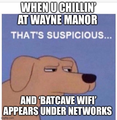 That's suspicious  | WHEN U CHILLIN’ AT WAYNE MANOR; AND ‘BATCAVE WIFI’ APPEARS UNDER NETWORKS | image tagged in that's suspicious | made w/ Imgflip meme maker