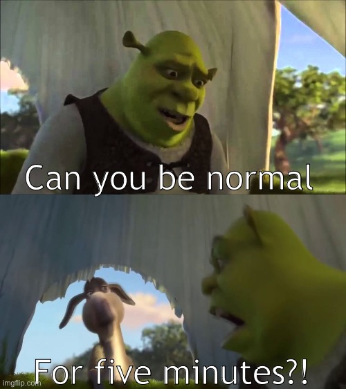 shrek five minutes | Can you be normal For five minutes?! | image tagged in shrek five minutes | made w/ Imgflip meme maker